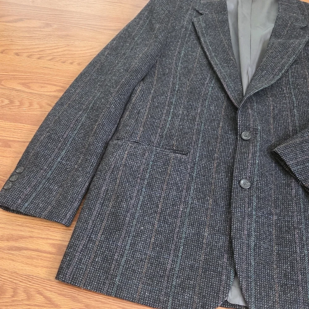 VTG 70s Centura The Broadway Wool Gray Houndstooth Blazer Sport Coat Jacket, 42R